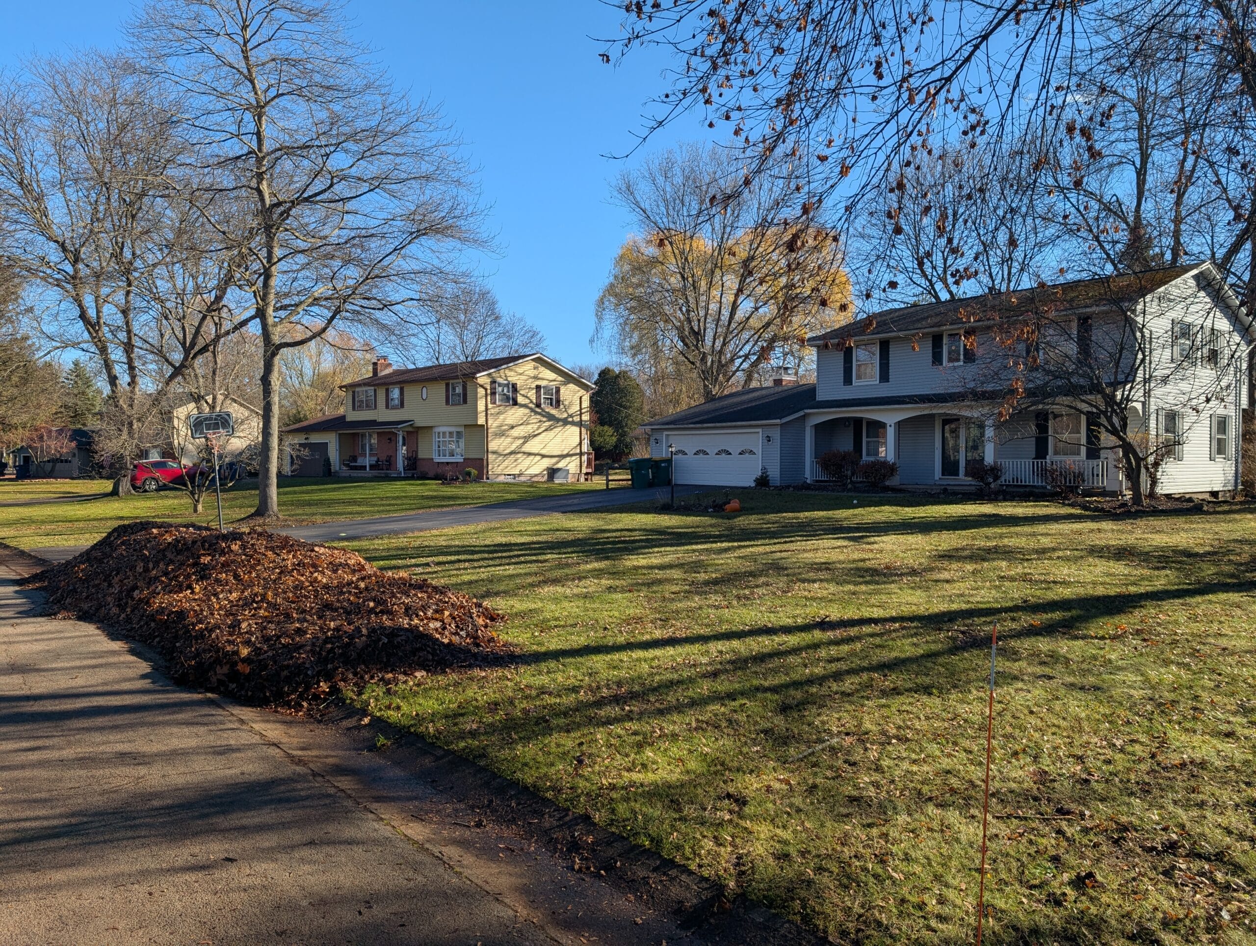 Pile of leaves at a curb in Penfield and a freshly cleaned front yard, showcasing professional leaf cleanup by EJ Lawn & Landscape