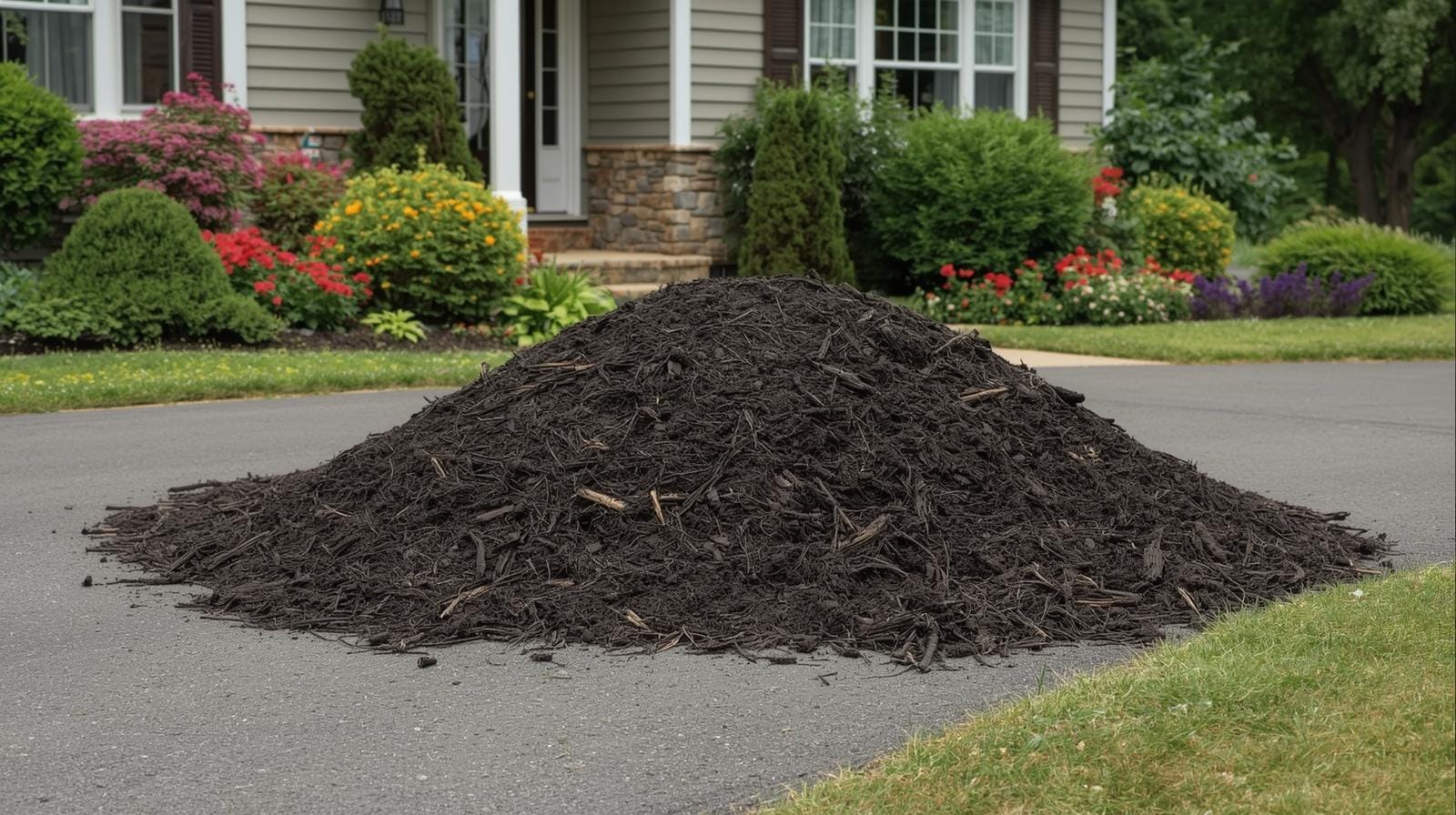 Pile of mulch in a driveway in front of a house during topsoil, stone, and mulch installation in Rochester NY