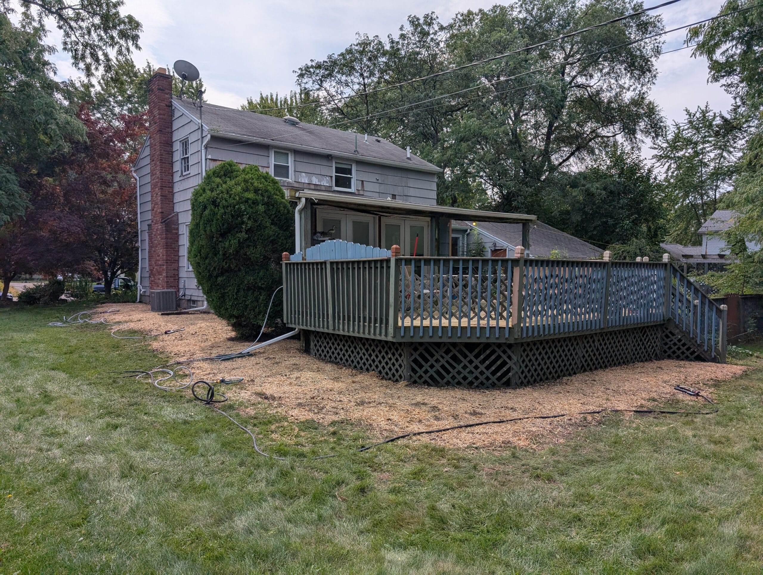 Back of house lawn after overgrown garden removal and reseeding in Irondequoit NY