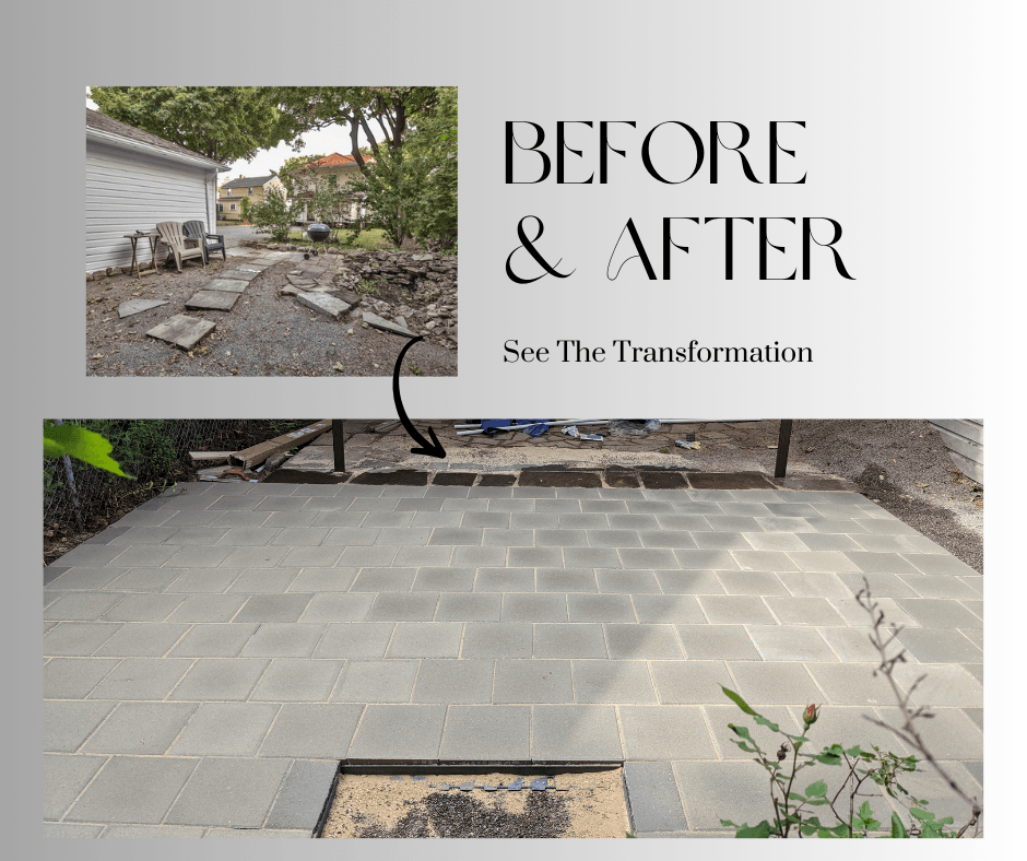 Before and after of pond removal and paver patio installation in Irondequoit, showing a debris-filled pond transformed into a clean, level patio.