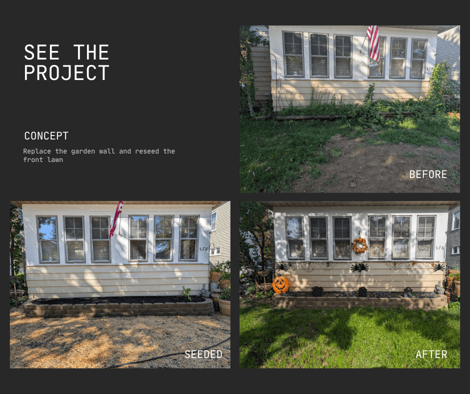 Front yard before seeding, after seeding, and grass growing in Rochester NY