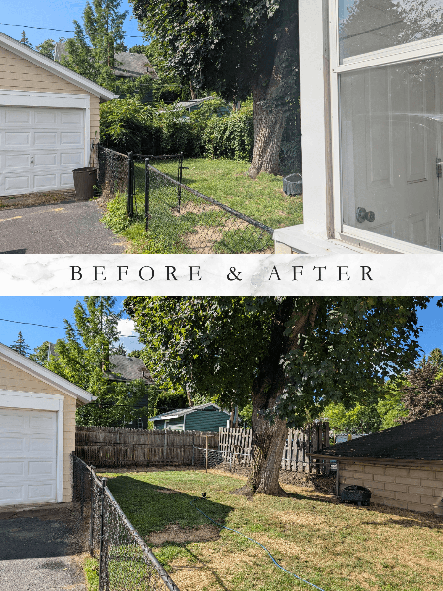 Backyard before and after full yard cleanup in Rochester NY