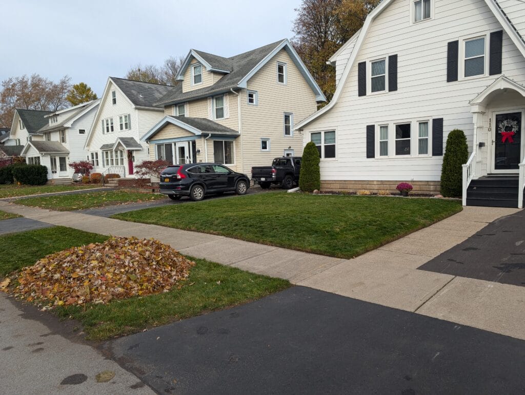 Front yard after leaf removal and mowing in Irondequoit NY
