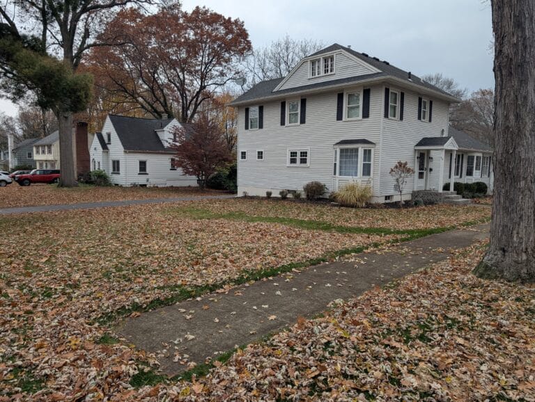 Front yard with piles of leaves before removal in Irondequoit NY