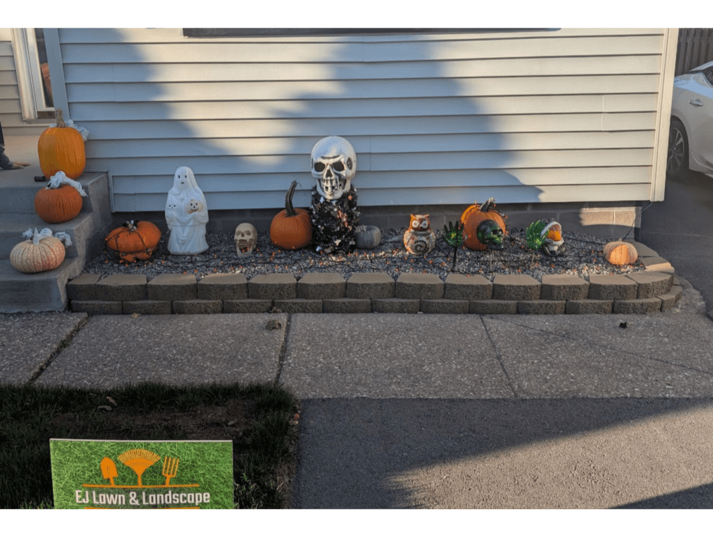 New garden edging with Halloween decorations in Irondequoit NY