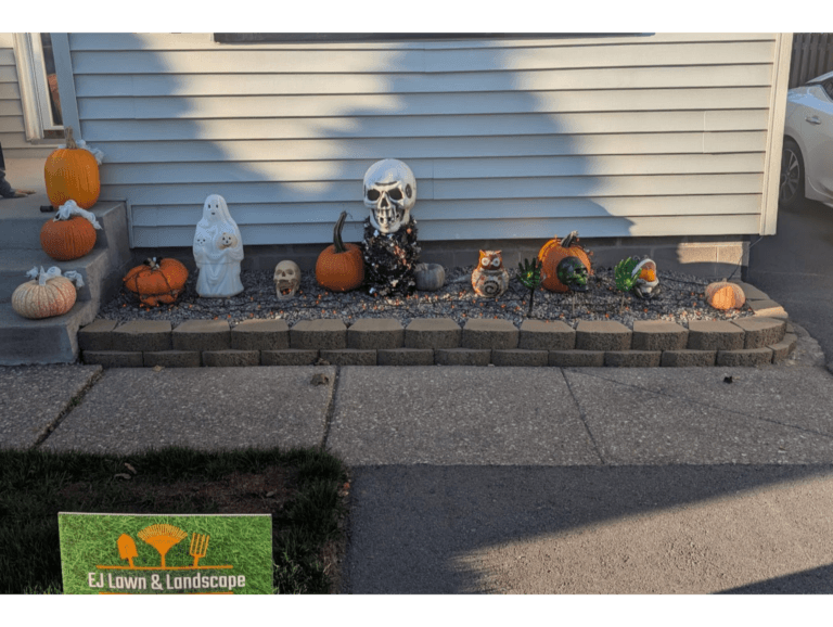 New garden edging with Halloween decorations in Irondequoit NY