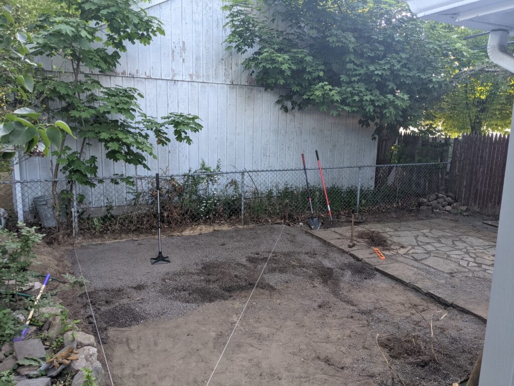 Filling leveled and tamped in Irondequoit, preparing for paver patio installation.