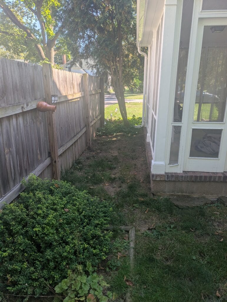 Side yard along house before regrading and cleanup in Brighton NY