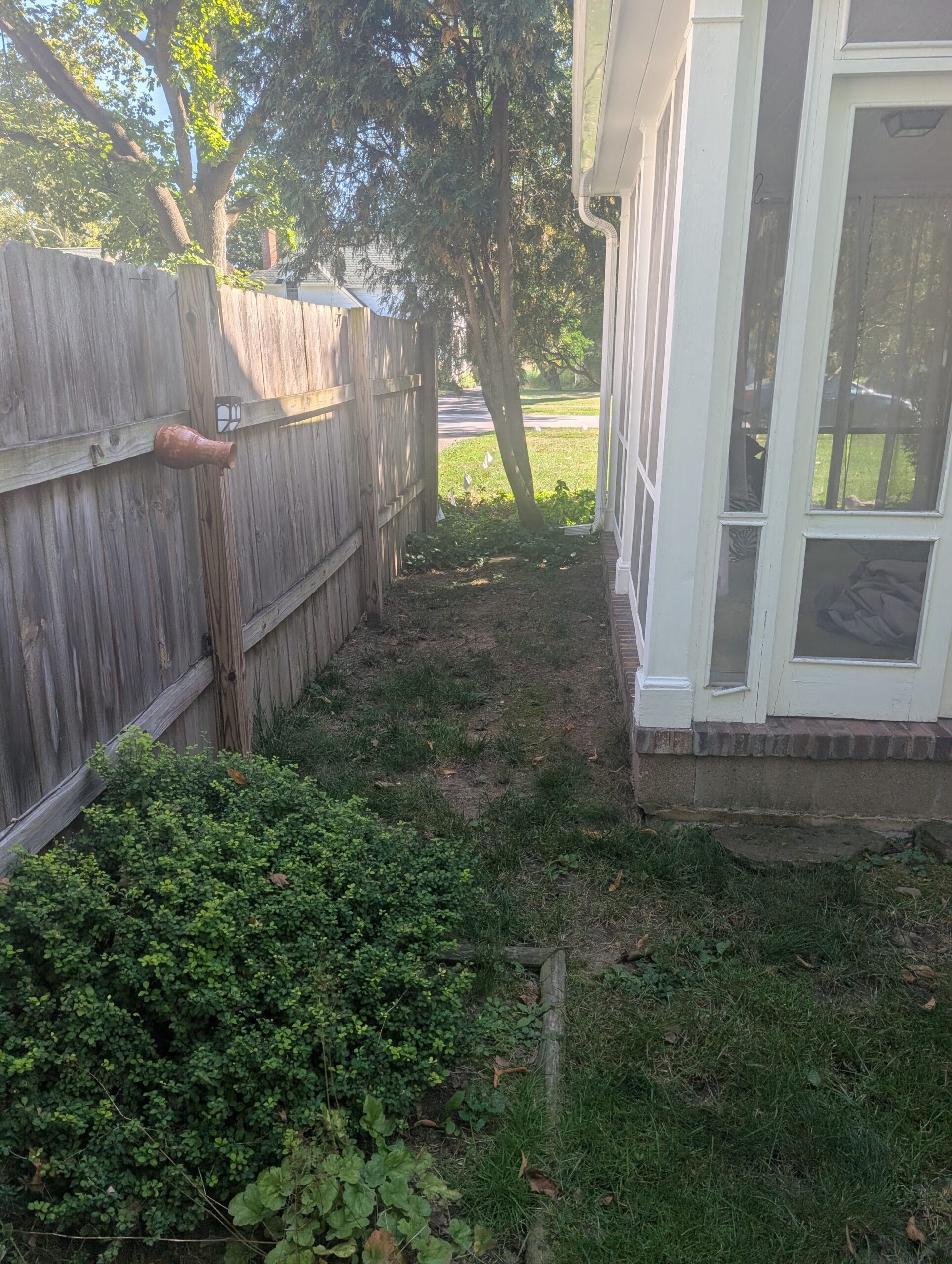 Side yard along house before regrading and cleanup in Brighton NY