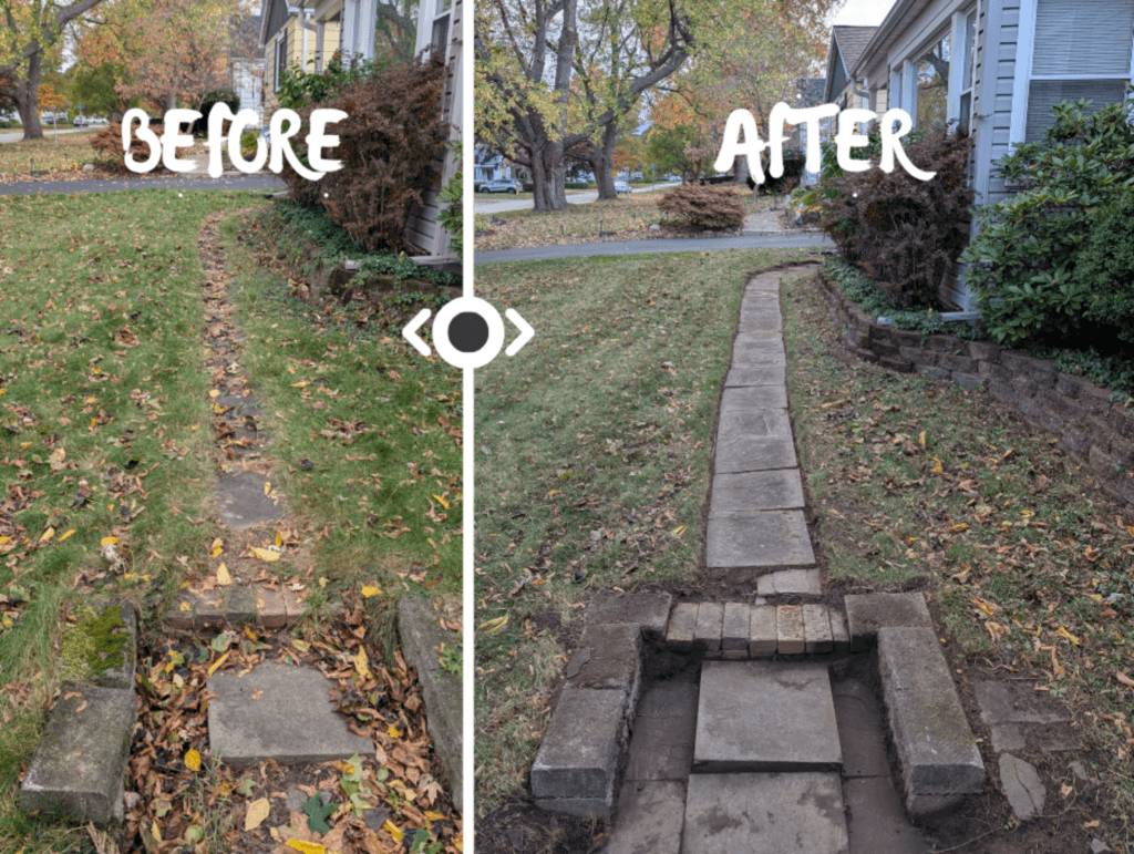 Sidewalk edging before and after in Irondequoit, NY — overgrown grass trimmed back to reveal a clean walkway by EJ Lawn & Landscape during a fall lawn cleanup.