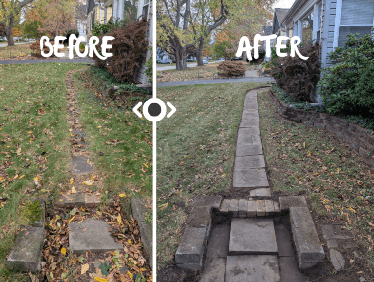 Sidewalk edging before and after in Irondequoit, NY — overgrown grass trimmed back to reveal a clean walkway by EJ Lawn & Landscape during a fall lawn cleanup.