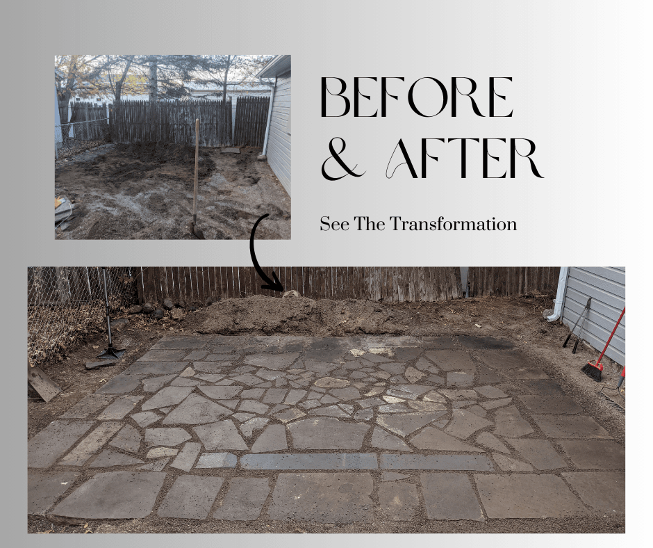 Before and after of a natural stone patio installation in Irondequoit, showing cleared and leveled area transformed with hand-placed stones and paver base.