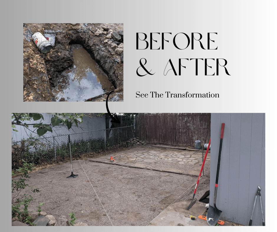 Backyard pond before removal and after leveled to a flat surface in Irondequoit